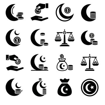 Collection of Islamic Finance Icons showcasing growth charts, money, and financial analysis tools.