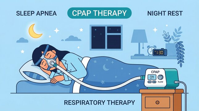 Woman Using CPAP Machine for Sleep Apnea Therapy Vector Illustration