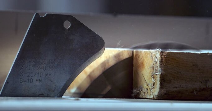 Slow Motion of Circular Saw Blade And Measuring Tool In Woodworking Workshop at 1000 fps.