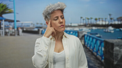 Woman with finger to temple at seaside port walkway next to blue railing and anchored boats  contemplation. © Krakenimages.com
