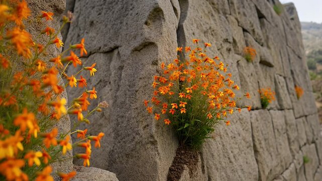 Clusters of vibrant orange flowers bloom defiantly from crevices in a rugged stone wall