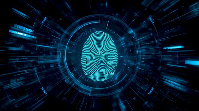 Glowing Blue Digital Fingerprint Centered In Concentric Circular Tunnel With Motion Blur Lines In Dark Space