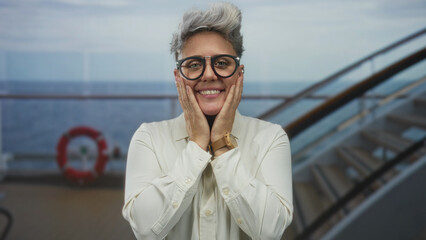 Woman with short hair and glasses wearing white shirt cups hands on cheeks near lifebuoy in...