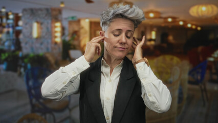 Woman stands with closed eyes and firmly presses her fingers into her ears in building  frustration. © Krakenimages.com