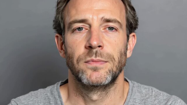Man with hair thinning looks down, gray background, indoor setting, casual clothing, natural lighting
