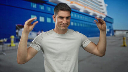 Naklejka premium Man gesturing with raised hands beside a large cruise ship at a street pier, palms visible and open; casual confidence.