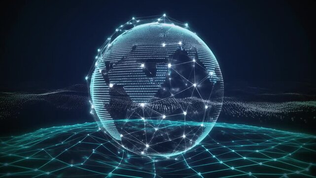 Digital glowing globe formed by interconnected nodes and lines with mesh structure, grid, and wave patterns, symbolizing global communication, internet connectivity, and futuristic digital infrastruct