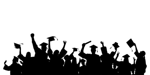 Obraz premium Graduating students celebrating success throwing graduation caps. Crowd of silhouettes. Vector illustration.