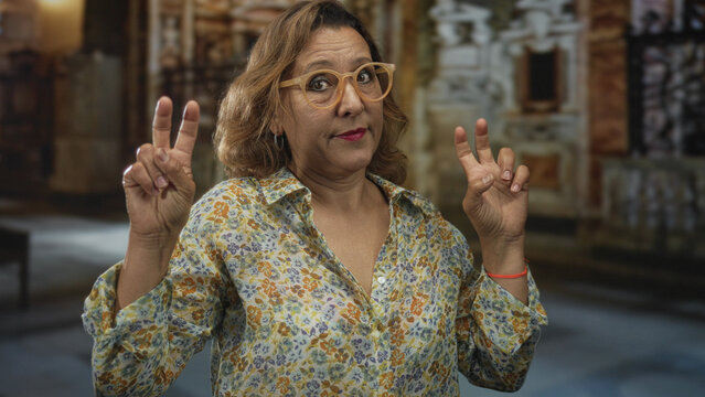 Woman in floral blouse and glasses makes finger quotes gesture inside ornate catholic church interior; sarcasm.