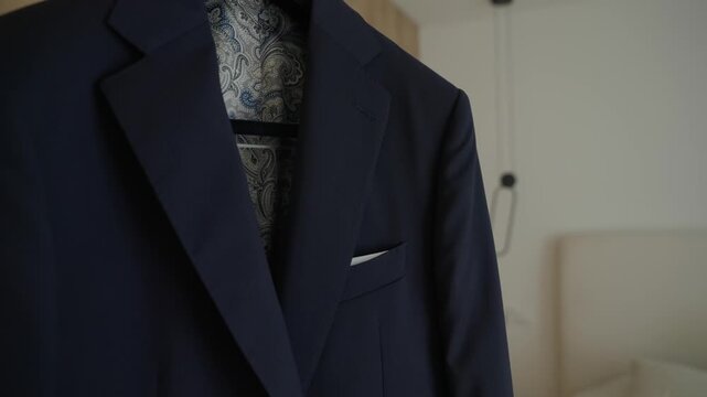 Close view of dark blue formal suit jacket with patterned waistcoat and white pocket square prepared for wedding ceremony