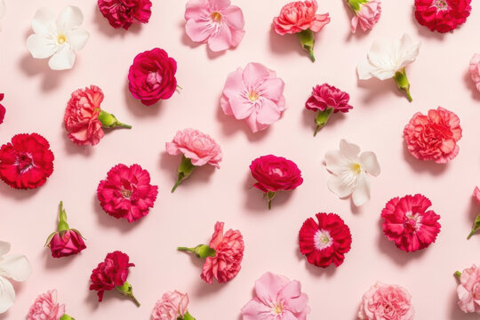 Flat Lay of Mixed Pink and Red Flowers Including Carnations, Ranunculus and Wild Roses on Pastel Pink Background