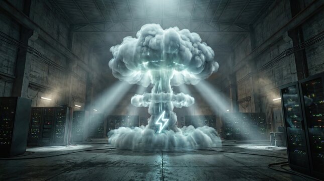 Realistic Tsar Bomba cloud as icon representing computing power in warehouse concept. Dramatic explosion cloud with lightning in a dark environment.