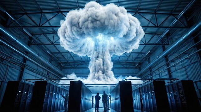 Realistic Tsar Bomba cloud as icon representing computing power in warehouse concept. Dramatic explosion with two figures observing in a dark warehouse.