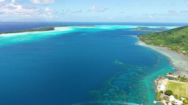Bora Bora Island Lagoon, French Polynesia. Drone Aerial View of Tropical Paradise