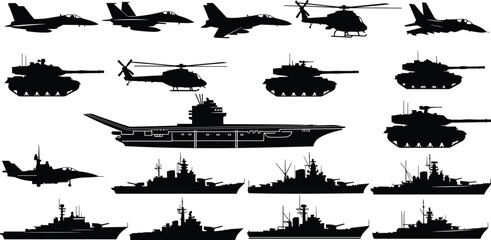 Military Vehicles and Warships Silhouettes Collection Isolated on White Background, Fighter Jets, Helicopters, Tanks and Aircraft Carrier Black Vector Illustration Set © Shahariar's World
