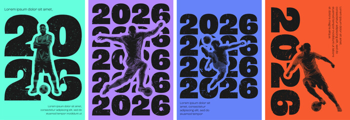 Fototapeta premium Retro halftone sports poster with soccer player silhouette and distressed texture for 2026