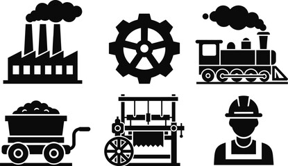Industrial factory and manufacturing icons set, steam train, gear wheel, mining cart, worker helmet vector illustration © Mst