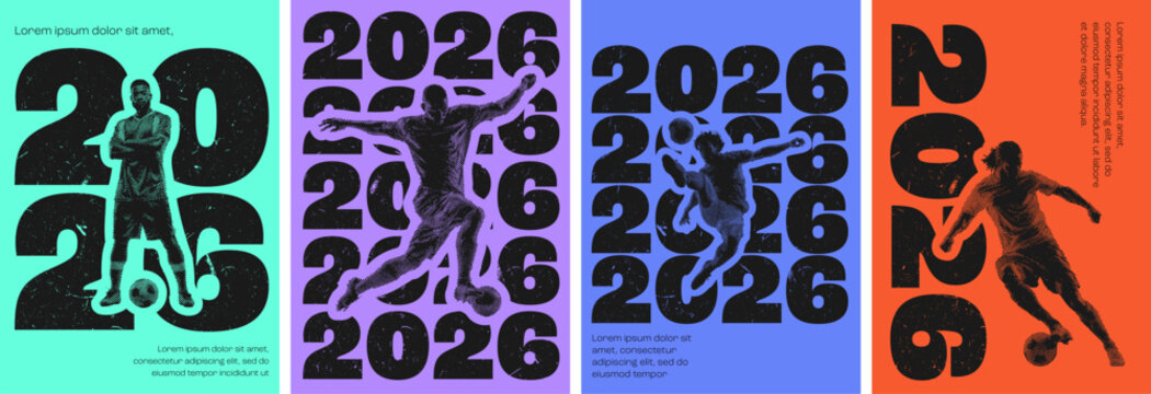 Retro halftone sports poster with soccer player silhouette and distressed texture for 2026
