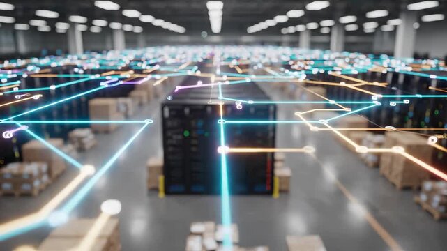 Aerial viewalarge warehouse with boxes and pallets, overlaid with a glowing digital network routing system and a central server rack. Smart logistics, automated supply chain, and inventory management