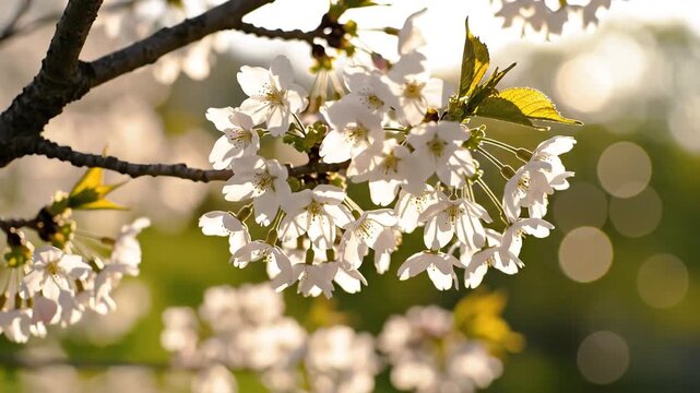Closeup of delicate white cherry blossoms blooming on a tree branch in soft sunlight with a bokeh background.