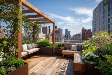 Fototapeta premium Rooftop terrace garden with a modern cityscape view