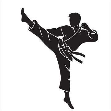 Silhouette of a man practicing taekwondo. high leg kick
