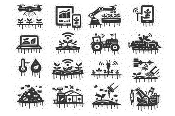 Obraz premium Smart agriculture technology icons: drones, robots, sensors, and automated farming.