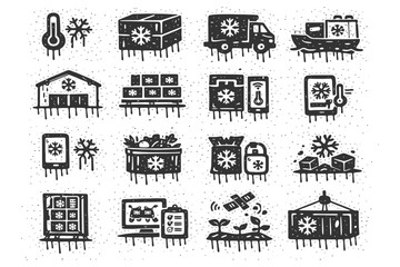 Naklejka premium Cooling logistics icons: cold chain management symbols in black and white.