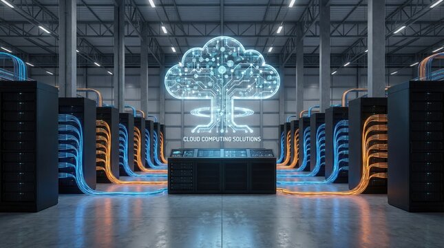 Realistic Tsar Bomba cloud as icon representing computing power in warehouse concept. Futuristic data center with digital cloud technology concept.