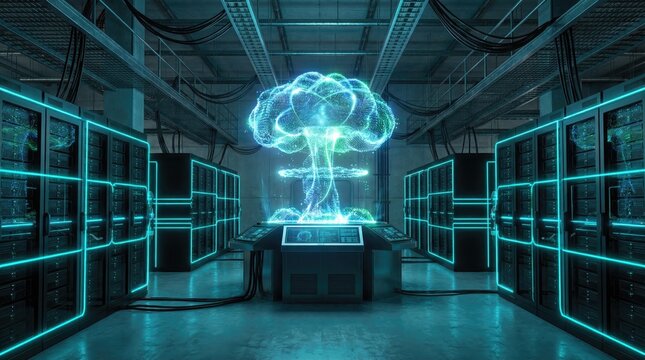 Realistic Tsar Bomba cloud as icon representing computing power in warehouse concept. Futuristic data center with glowing energy concept displayed.