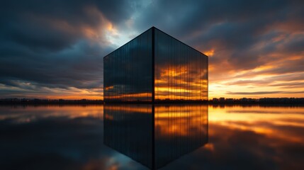 Fototapeta premium A striking glass cube reflecting a vibrant sunset on still waters, symbolizing tranquility and modern architecture in a dramatic interplay of light and color.