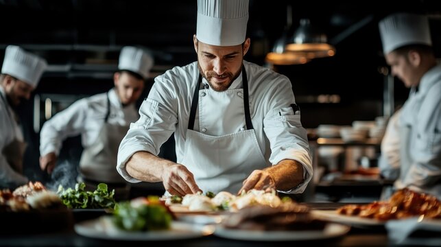 A skilled chef meticulously prepares a dish in a bustling kitchen, showcasing culinary expertise and the dynamic energy found in a professional cooking environment.