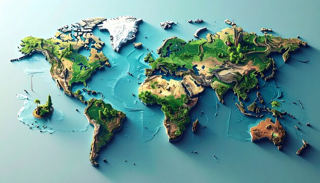 3D World Map with Green Landmasses.