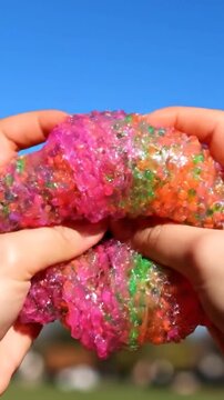 Hands squeezing colorful slime with beads