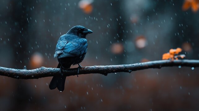 A solitary crow stands on a branch during rain, capturing a moody and contemplative atmosphere in a beautifully darkened woodland setting with soft highlights and shadows.