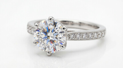 Stunning Round Brilliant Cut Diamond Engagement Ring with Pave Band.