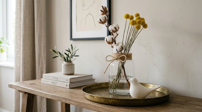 Cozy entryway vignette with dried flowers, books, and decor on a wooden console table.