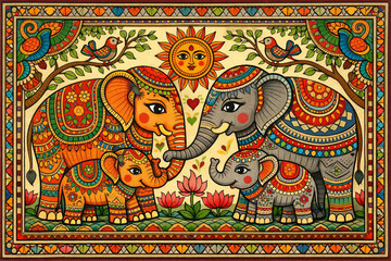 Heartwarming Madhubani art elephant family illustration, intricate tribal patterns, vibrant folk colors, Indian cultural artwork
