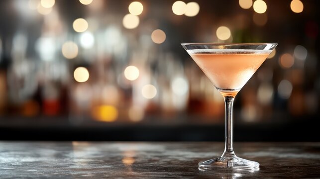 A beautifully crafted cocktail placed elegantly on a bar counter, surrounded by a warm bokeh, inviting viewers to indulge in a relaxing and sophisticated drink experience.