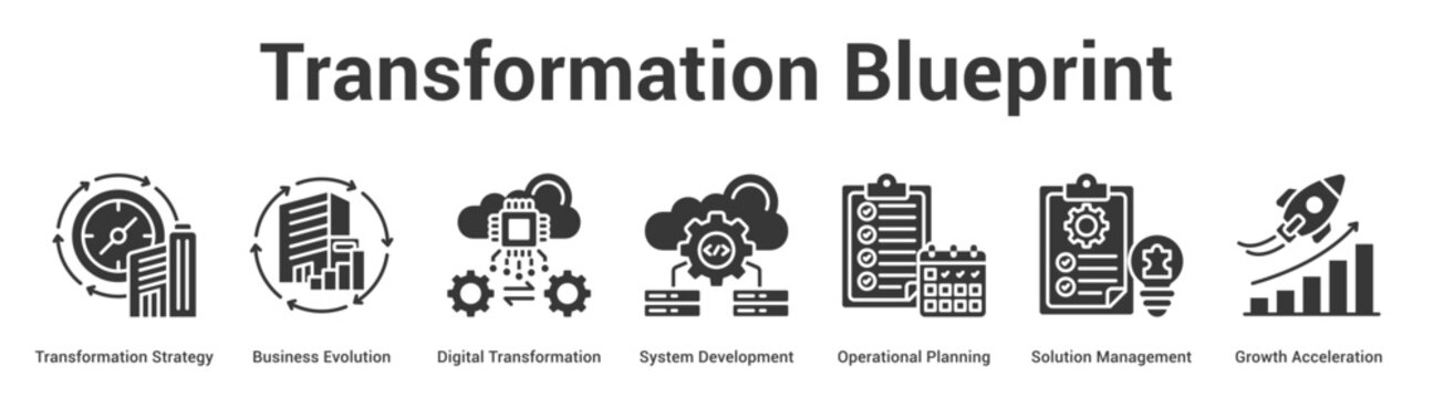 Transformation Blueprint web banner icon set vector illustration concept for business with icon of Transformation Strategy, Business Evolution, Digital Transformation, System Development, Operatio.