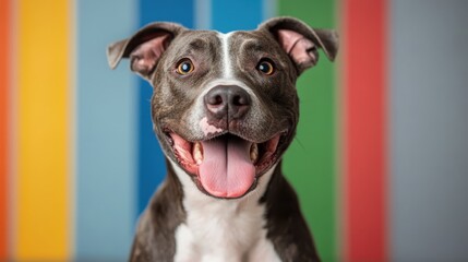 A happy, smiling dog poses against a colorful background, embodying joy and enthusiasm, making it a perfect representation of pet companionship and lively spirit.