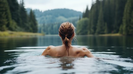 Fototapeta premium A serene image of a woman swimming in a tranquil lake surrounded by lush green forests, evoking feelings of peace, connection with nature, and summer relaxation.