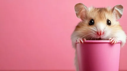 Fototapete Tierärzte An endearing hamster peeks out from a cheerful pink pot, evoking feelings of joy and warmth, showcasing its playful nature against a soft pastel backdrop.  © Larisa AI