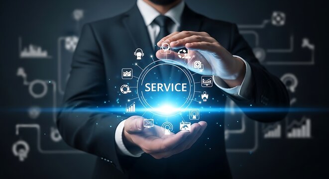 Businessman interacting with a futuristic service interface
