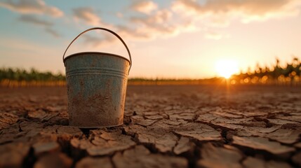 Naklejka premium A rustic bucket resting on parched ground during a stunning sunset, reflecting themes of drought and resilience in nature while captivating the viewer with its stark beauty.