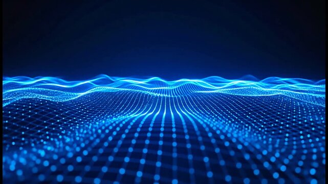 Blue glowing digital wave pattern on dark background.