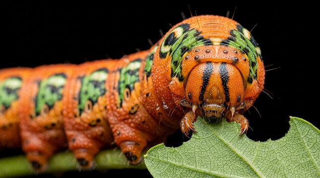 Macro photograph of a vibrant orange caterpillar with green markings eating a leaf.