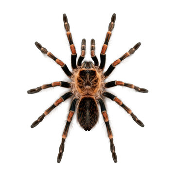 extreme macro portrait of an adult mexican redknee tarantula, legs symmetrically extended, showing vibrant orange-red stripes and dense reddish-brown setae against a uniform transparent studio