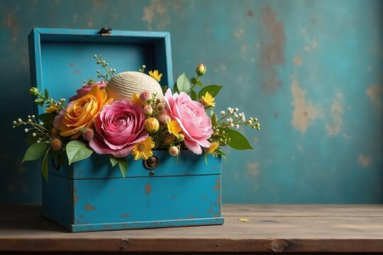 Blue hatbox with dual floral displays on wooden table against aged wall , decor, blossom, beauty