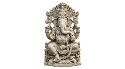 Ancient Hindu god Ganesha statue, intricately carved stone deity, seated on a throne, representing wisdom and prosperity, isolated on white, a symbol of Indian spirituality.